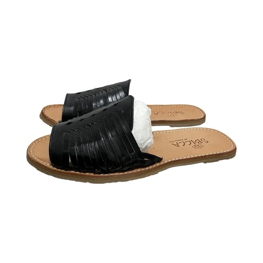 SBICCA Lawrin Leather Open Toe Slip On Sandal Womens US 7 Black Flat Slide NIB